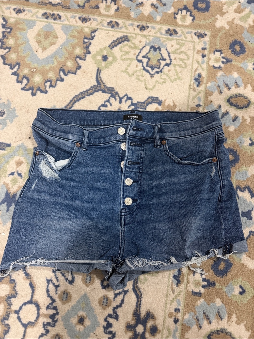 Express Blue High-Rise Button-Fly Distressed Denim Shorts